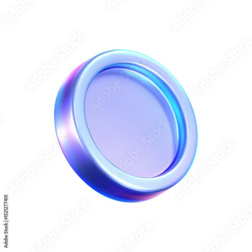 3D holographic coin icon with purple neon effect, isolated on white background. Iridescent chrome coin render, game token, casino chip, digital currency or holo reward medal. 3D vector illustration