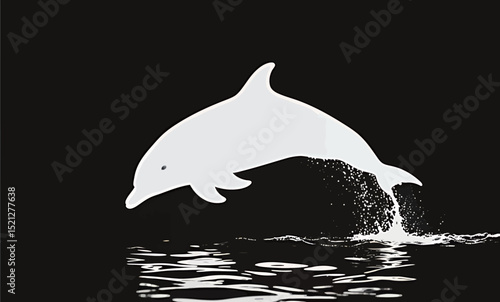 A white dolphin gracefully leaps above dark waters, creating splashes of water.