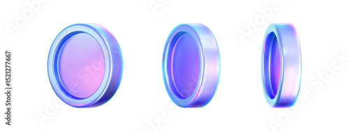3D holographic coin icon with purple neon effect isolated on a white background. Iridescent chrome coin render, game token, casino chip, digital currency or holo reward medal. 3D vector illustration