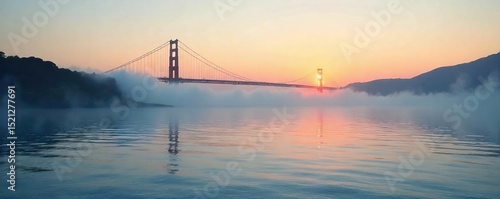 Misty morning on San Francisco Bay, fog rolling in over calm waters, dramatic low light, picturesque landscape Golden Gate Bridge visible in distance , Golden Gate Bridge, morning, clouds
