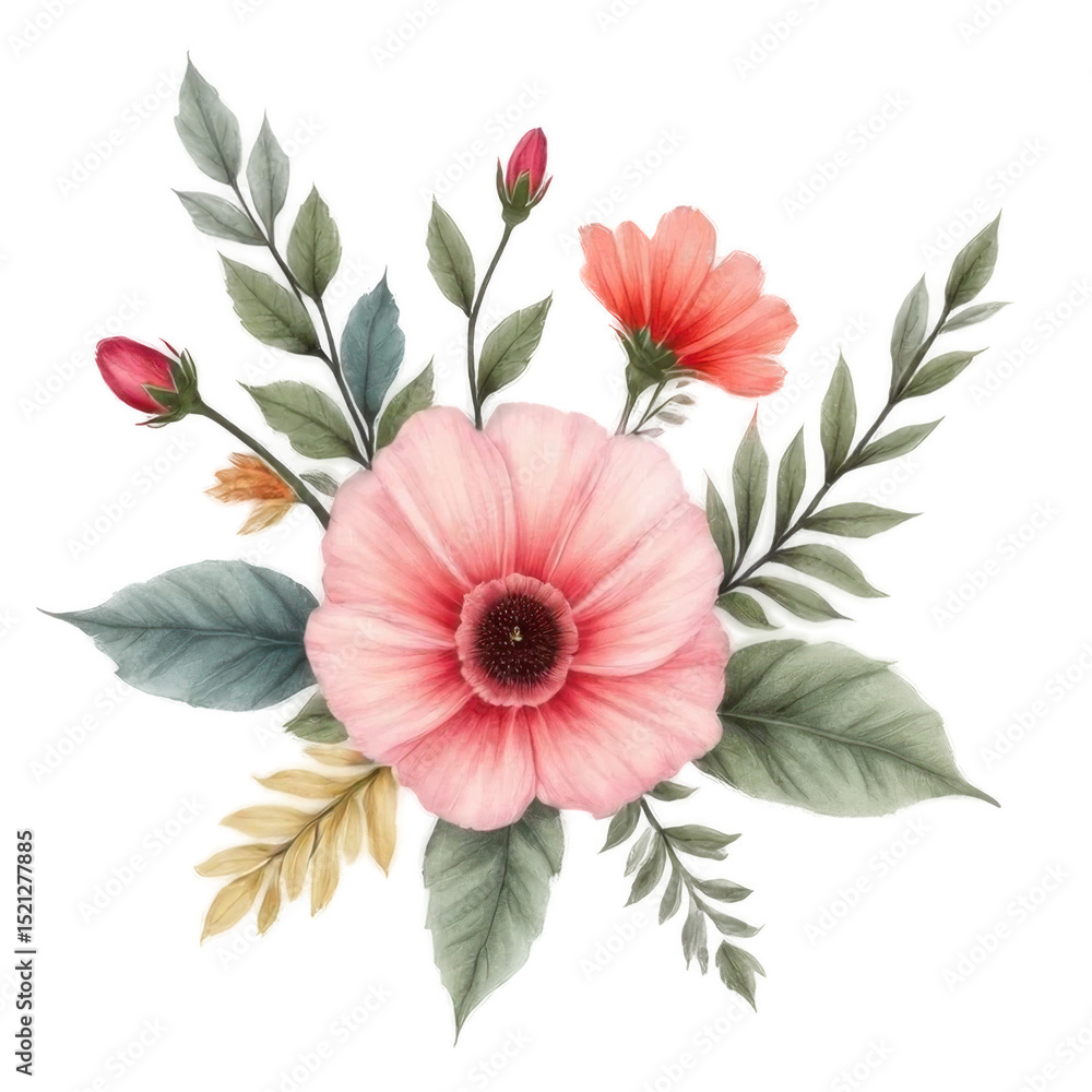 Obraz premium Pink and Red Watercolor Flower Bouquet with Green Leaves on Transparent Background