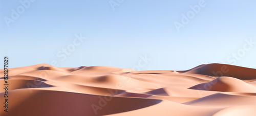 3D realistic sand dunes landscape with hills and hot summer terrain. Render of desert dune or beach with sandy texture and blue sunset sky. Product podium and summer sale concept. 3D realistic vector
