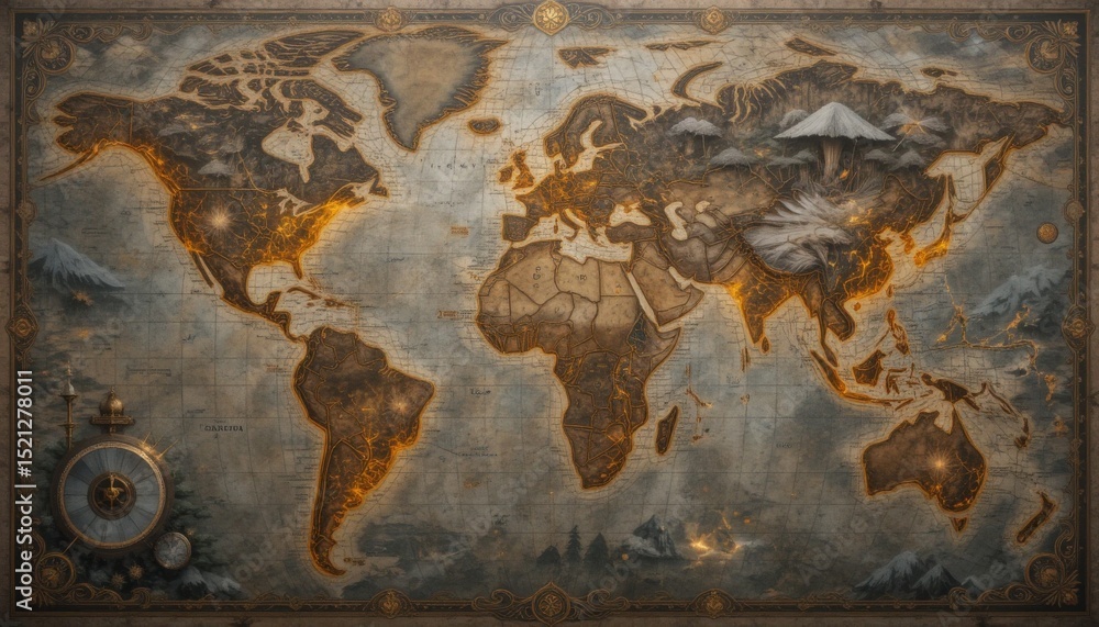 Naklejka premium Vintage world map with intricate details and artistic elements showcasing geographical features and mythical landscapes