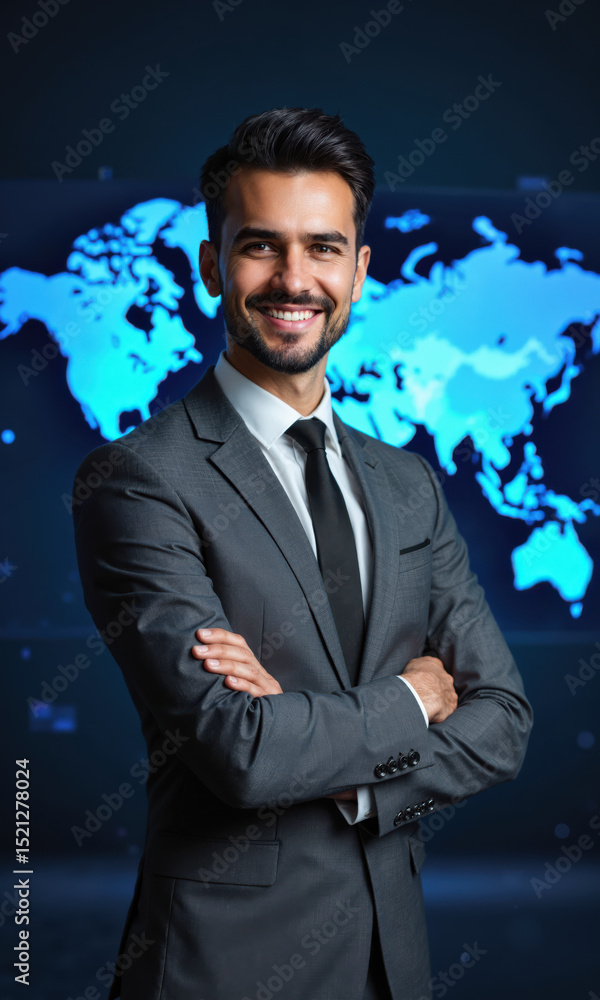 A Latinx male business leader in a sharp grey suit, his arms crossed in front of a digital world map A Latinx male business leader in a sharp grey suit, his arms crossed in front of a digital world map