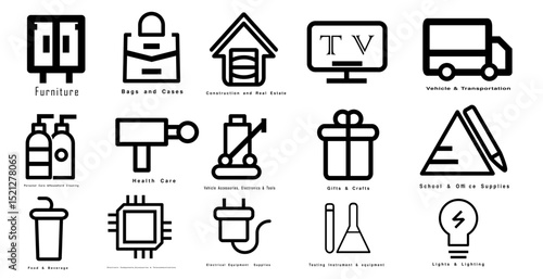 Essential Industry Vector Icons: Furniture, Healthcare, Gifts, Tools, Electronics & More