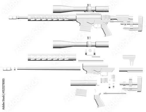 Two guns are shown in a white background. The guns are in different positions, with one being a rifle and the other a shotgun. Concept of power and strength, as the guns are prominently displayed