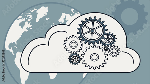Illustration of a cloud with gears and a partial globe in the background on a light blue background