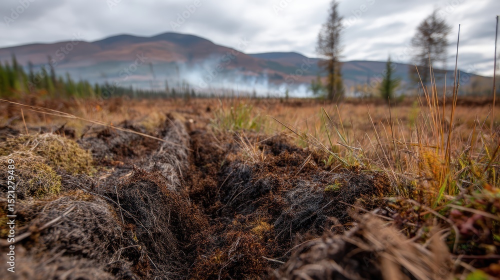 Fototapeta premium peat moss surface with bog and distant misty hills blurred