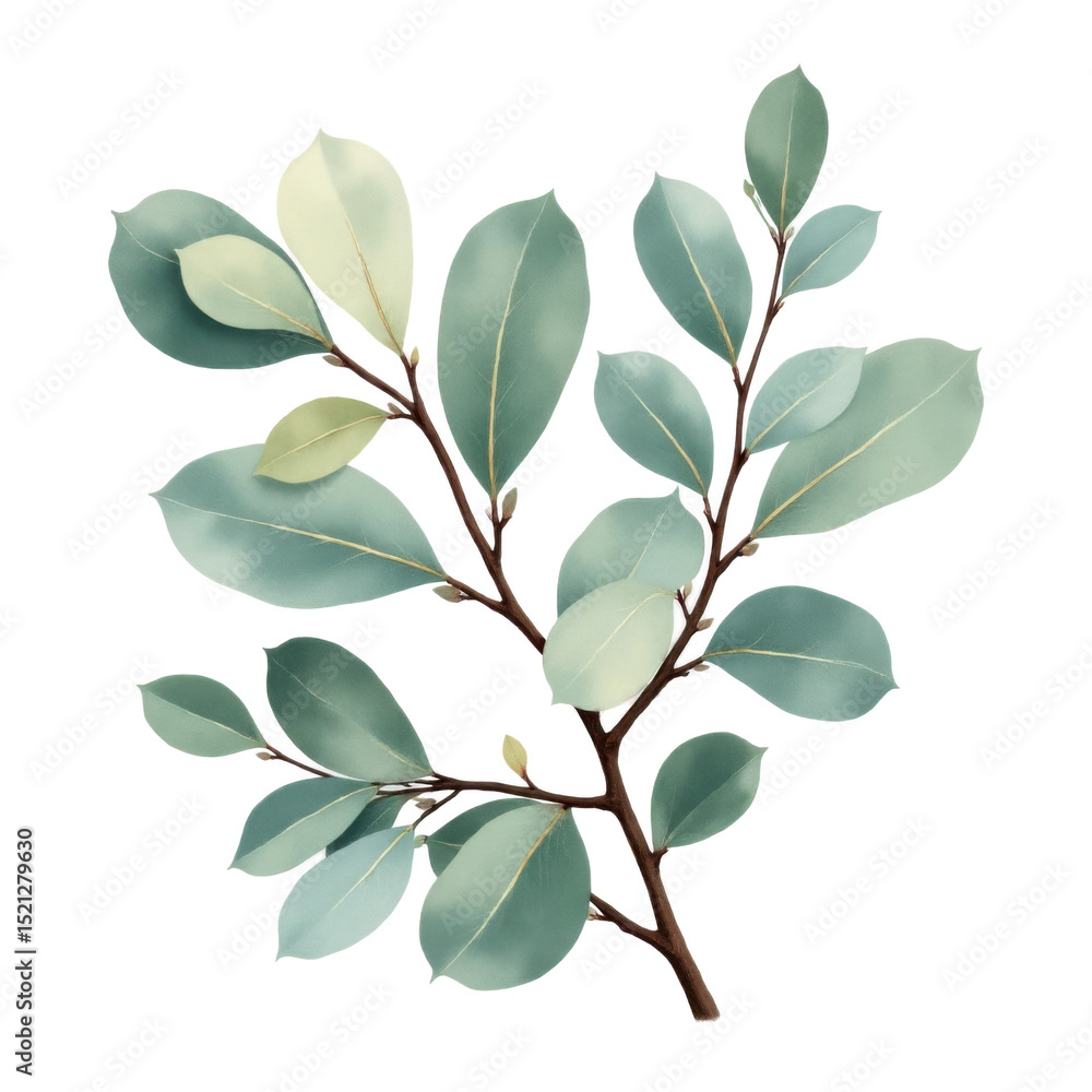 Obraz premium Teal and Green Watercolor Leaves Branch Illustration