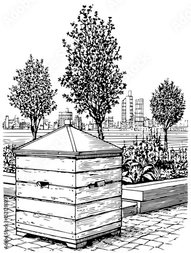 Black and white vector illustration of a beehive on a rooftop garden overlooking a city skyline.  Perfect for eco-conscious urban living, sustainable design, and beekeeping projects.