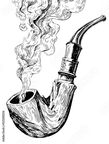 Intricate linocut vector illustration of a smoking pipe.  Detailed texture and smoke curls create a vintage feel. Ideal for vintage, retro, or masculine designs.