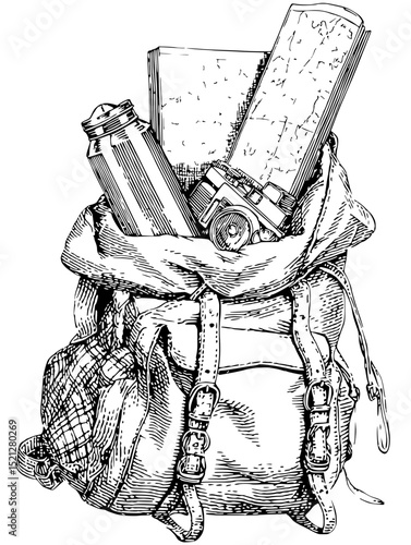 Engraved backpack overflowing with vintage travel essentials. Perfect for adventure, exploration, and wanderlust themed projects.  Monochromatic, detailed illustration.