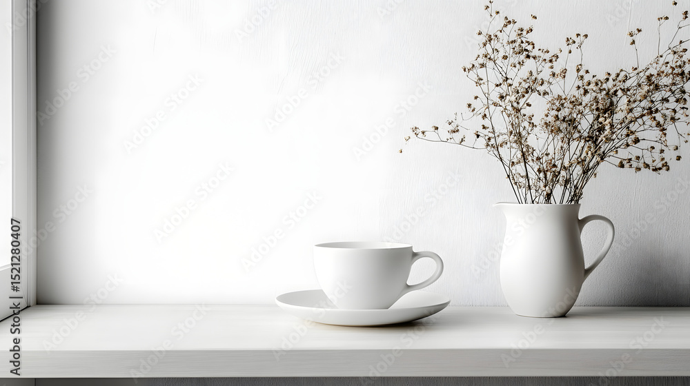 Minimalist coffee setup with dried flowers on pure white background home decor still life photography Minimalist coffee setup with dried flowers on pure white background home decor still life photography