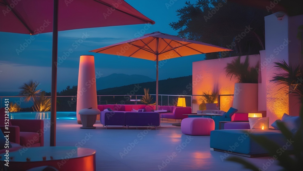 Fototapeta premium recreation area, lounge area, hotel at night, beach at night, restaurant at night