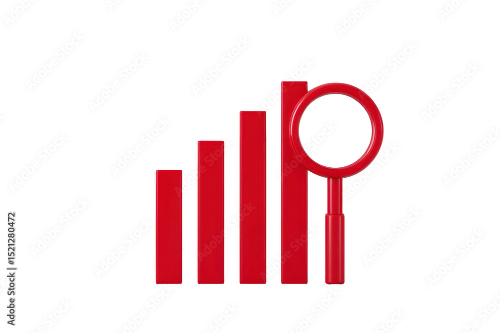 Red bar graph with magnifying glass symbolizes data analysis and growth. bars are arranged in ascending order, highlighting progress and insight Red bar graph with magnifying glass symbolizes data analysis and growth. bars are arranged in ascending order, highlighting progress and insight