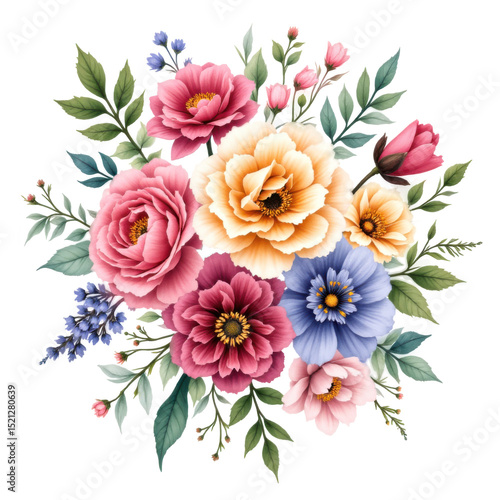 Watercolor Painting of a Vibrant Floral Bouquet with Pink Yellow and Blue Flowers