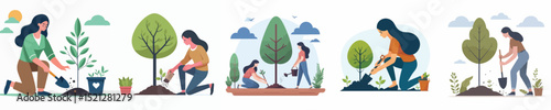 vector woman planting tree