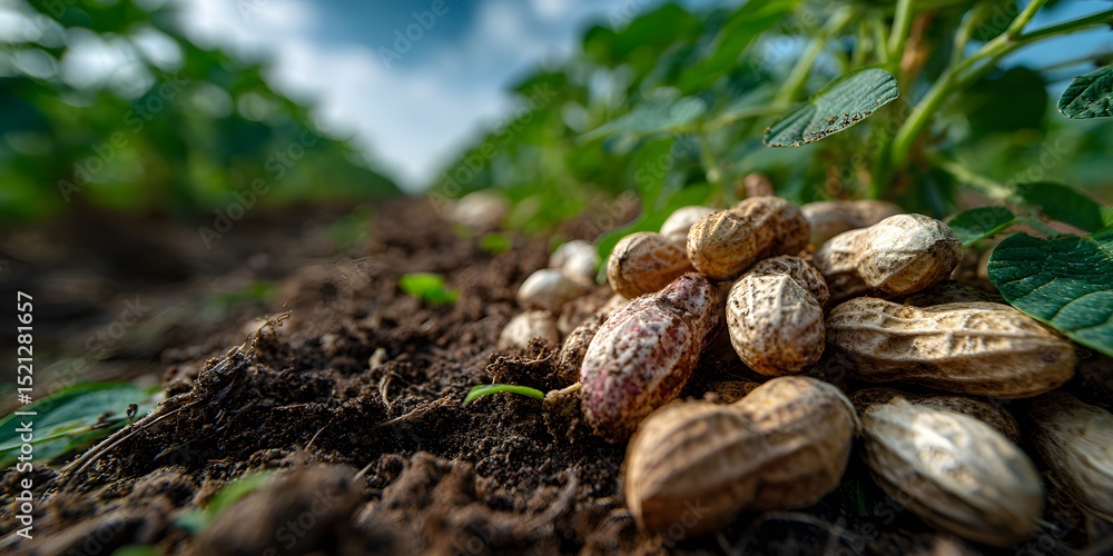 Pile of freshly harvested peanuts in their shells rests on dark, rich soil. The background shows softly blurred rows of lush green peanut plants under a bright sky. Pile of freshly harvested peanuts in their shells rests on dark, rich soil. The background shows softly blurred rows of lush green peanut plants under a bright sky.