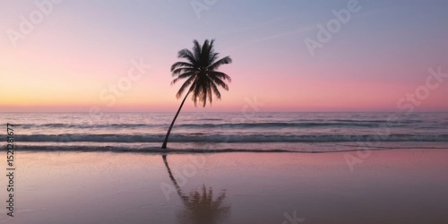 Serene Sunset View with Lone Palm Tree Reflecting on Tranquil Ocean Waves at Golden Hour by the Beach