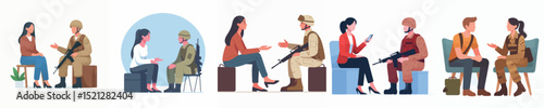 vector woman talking to soldier