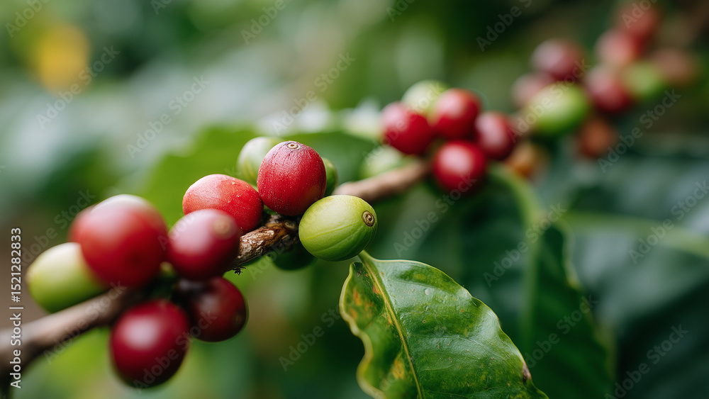 Close-up of ripe red and green coffee cherries on the branch, surrounded by lush green leaves. A shallow depth-of-field highlights the vibrant colors and natural freshness of the coffee plant. Close-up of ripe red and green coffee cherries on the branch, surrounded by lush green leaves. A shallow depth-of-field highlights the vibrant colors and natural freshness of the coffee plant.
