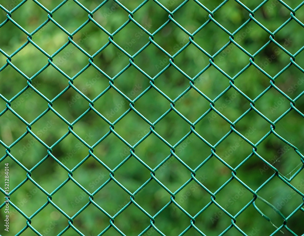 Diamond Mesh Barrier: A detailed view of a green chain-link fence, offering a glimpse of the verdant foliage behind it, symbolizing boundaries and protection in a natural setting.