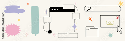 Retro UI Vector Elements – Hand Drawn Interface Icons with Speech Bubbles, Folders, Popups, Cursor and Stars