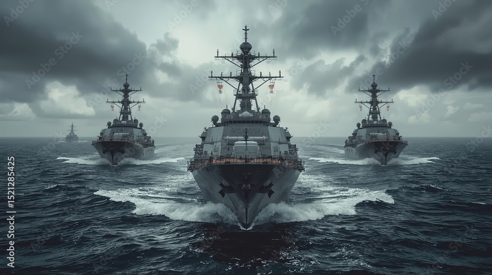 Naklejka premium High-contrast photo of a naval fleet in rough ocean waters. Large warship centered, flanked by smaller ships with radar antennas. Overcast sky and choppy waves create a powerful, intense scene.