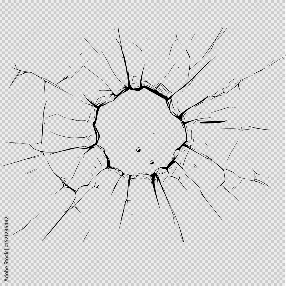 Obraz premium Simple black and white illustration of a cracked glass impact point with clean lines and scattered shards on a white background, ideal for print, T-shirts, or coloring pages.