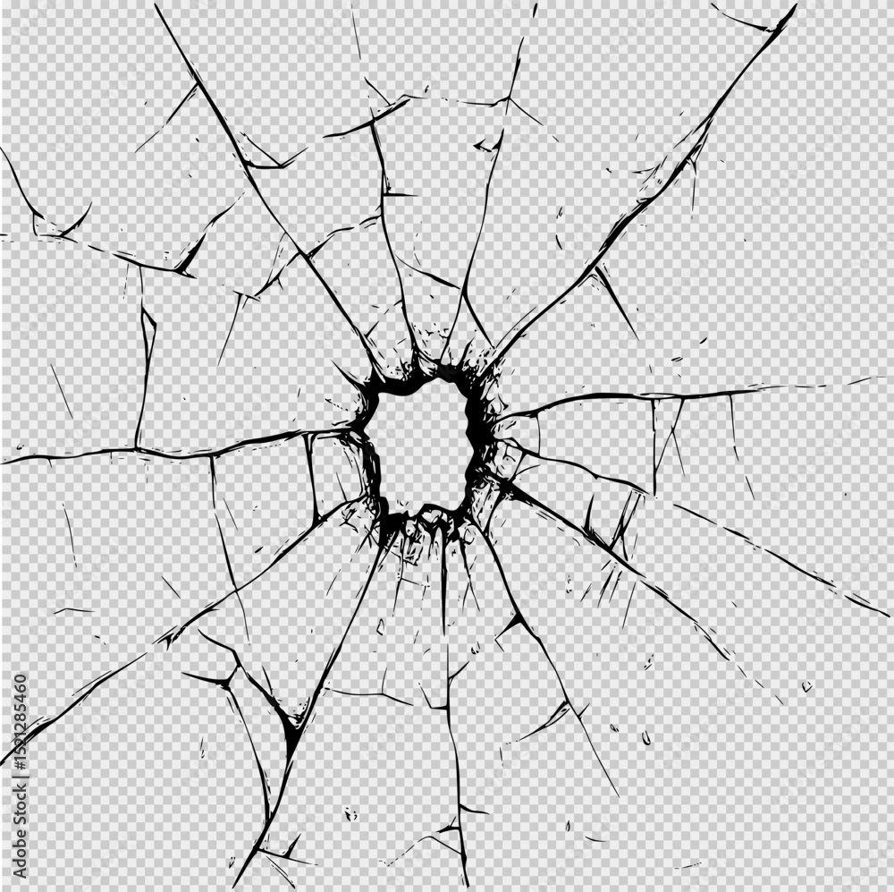 Fototapeta premium Simple black and white illustration of a cracked glass impact point with clean lines and scattered shards on a white background, ideal for print, T-shirts, or coloring pages.