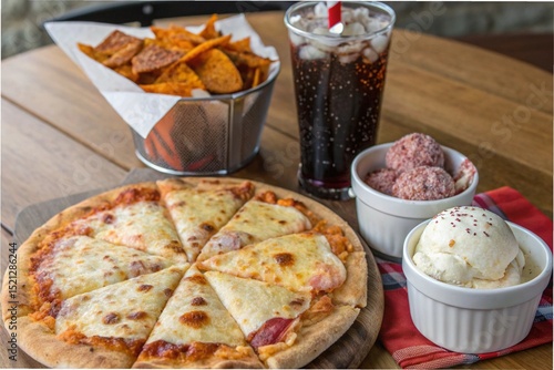 Cheese pizza + spicy chips + ice cream cup + sparkling drink