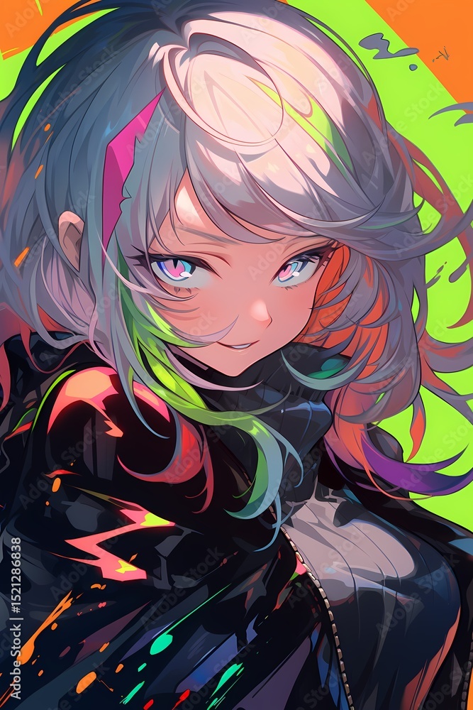 Naklejka premium Vibrant Anime Girl Portrait Colorful Hair and Trendy Jacket