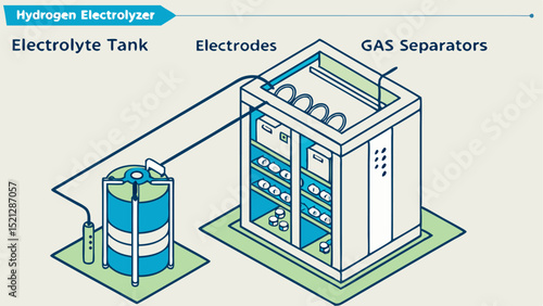 Illustration of a hydrogen electrolyzer system with electrolyte tank, electrodes, and gas separators shown