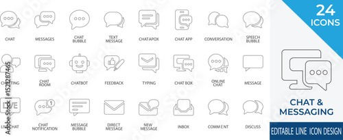 A versatile stroke icon set featuring chat bubbles, messages, and conversation symbols. Ideal for messaging apps, communication platforms, and user interface designs.
