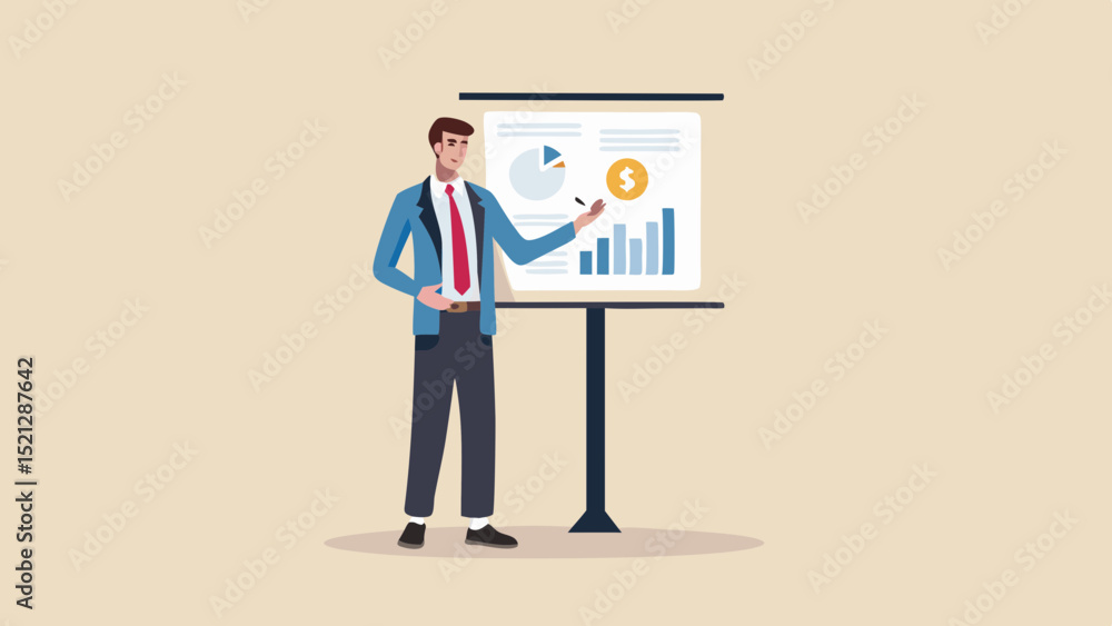 Man in suit presenting a financial chart with pie chart and bar graph on a white presentation board Man in suit presenting a financial chart with pie chart and bar graph on a white presentation board