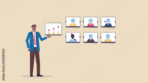 Man presenting chart to virtual meeting attendees on screens during a video conference call setup