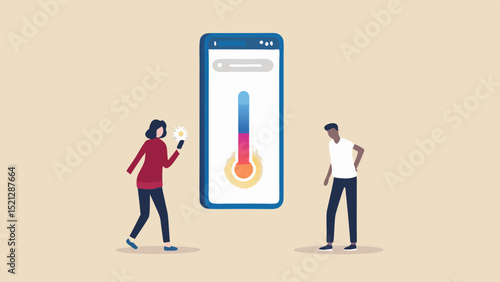 People standing near a phone displaying a temperature gauge with blue to orange gradient color 100