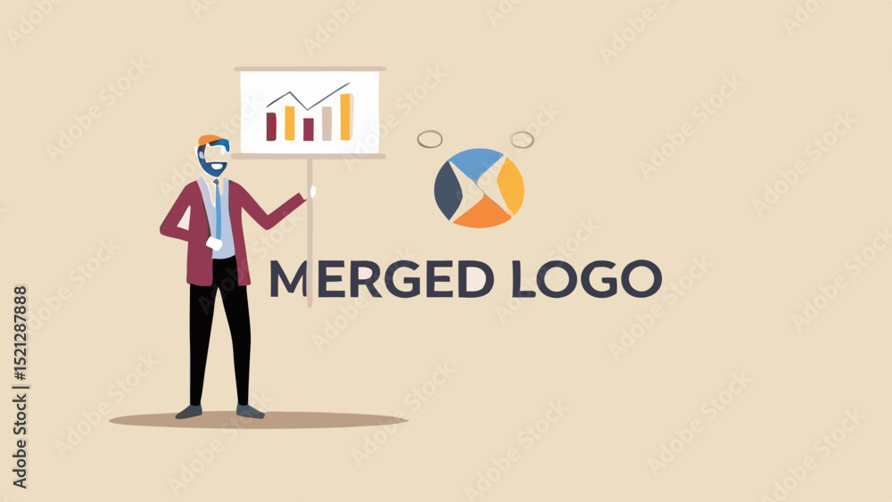 Fototapeta premium Illustration of a man presenting a bar graph with a pie chart and merged logo text nearby