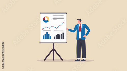 Man presenting business data on a flip chart with bar graphs and pie chart in a business presentation