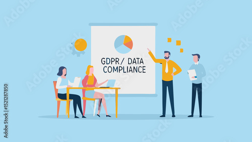 Presentation on gdpr data compliance with team in a meeting room setting with a pie chart on screen