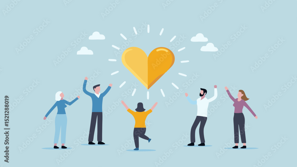 Group of people celebrating under a radiant golden heart with clouds in a light blue background Group of people celebrating under a radiant golden heart with clouds in a light blue background