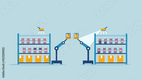 Automated warehouse with robotic arms moving boxes between storage shelves and overhead lighting system