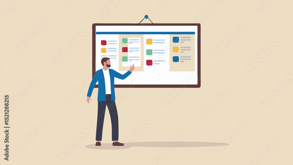 Man presenting a project on a whiteboard with colorful squares and text in a bright office setting Man presenting a project on a whiteboard with colorful squares and text in a bright office setting