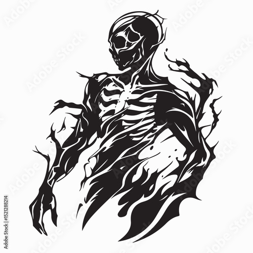 Black and white Burning Human Skull Surrounded by Intense Flames of Hell in Dark Fiery Background
