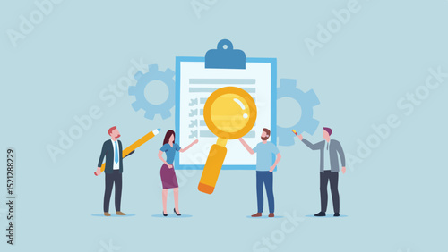 Illustration of people reviewing a clipboard with a magnifying glass and gears in the background