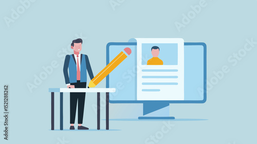 Man in suit writing on resume displayed on computer screen with large pencil on the table near him