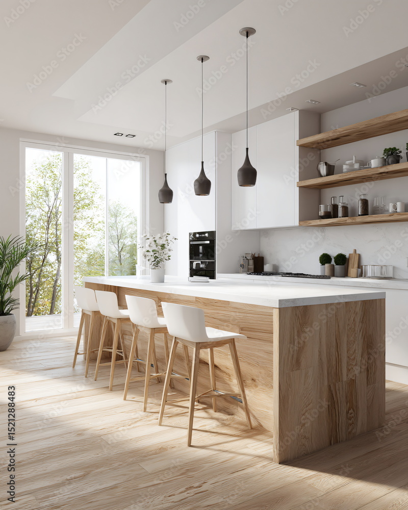 Fototapeta premium minimal modern kitchen with wood and white tones, daylight, Scandinavian style