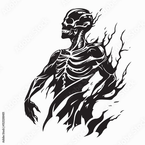 Burning Human Skull Surrounded by Intense Flames of Hell in Dark Fiery Background