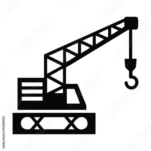 Construction Crane Icon – Black and White Heavy Machinery Symbol with Boom, Hook, and Load