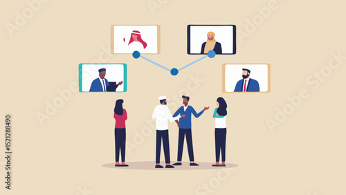 Group of people meeting in person and virtually with diverse participants online and face to face